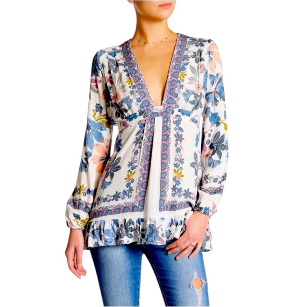 Free People Violet Hill Ivory Floral Printed Long Sleeve Boho Tunic Top - Picture 4 of 6